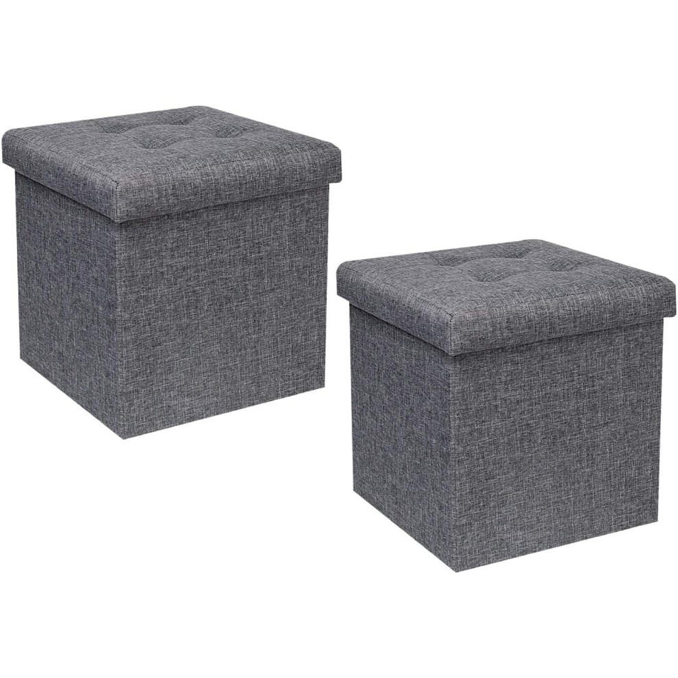 (MDF/Linen, S-Grey) Grey Ottoman with Storage Linen Foot Stool Foldable Reat Seat Toy Chest Folding Storage Boxes Fabric with Lid Pack of 2 (32X32X32cm)