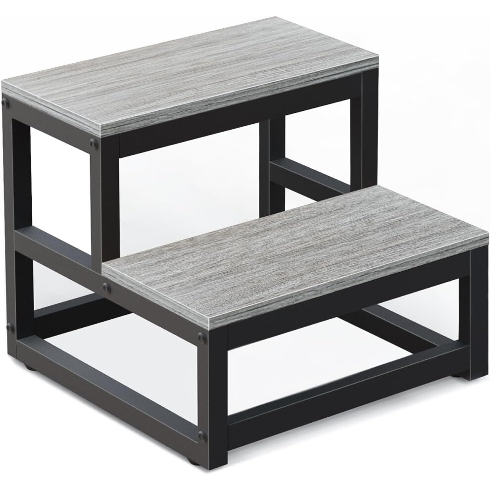 (Grey) Step Stools for Adults Kids, 2 Step Stool, Heavy Duty Steel and Sturdy Wooden Step Stool Helper, Supports Up to 200 kg