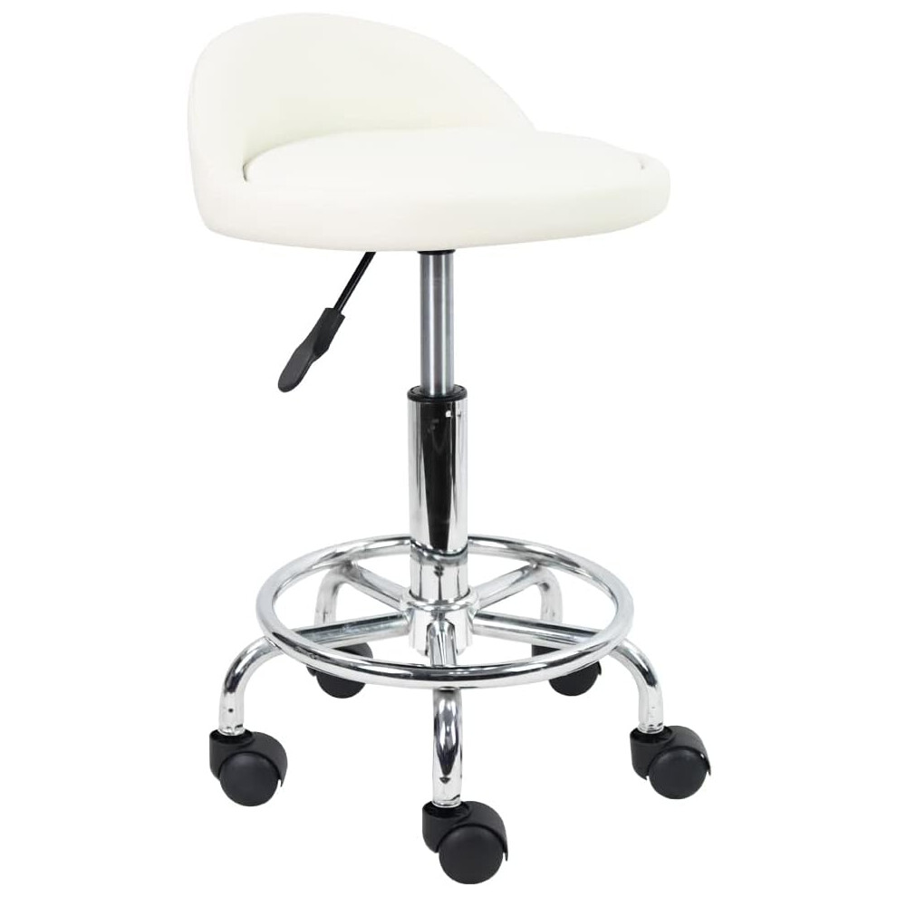 (White) Leather Round Rolling Stool with Foot Rest Height Adjustable Swivel Drafting Work SPA Task Chair with Wheels (White)