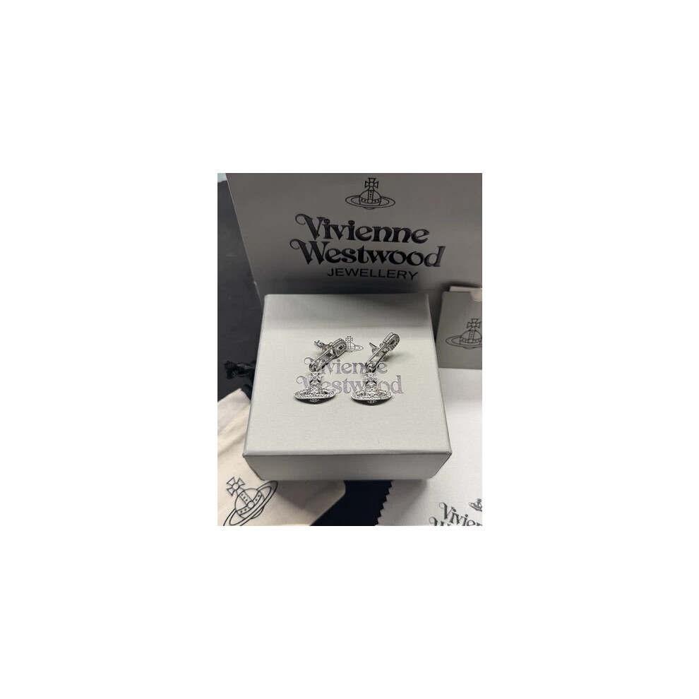 Vivienne Westwood Style Mini Bas Relief Earrings Silver Pin Crystal Orb