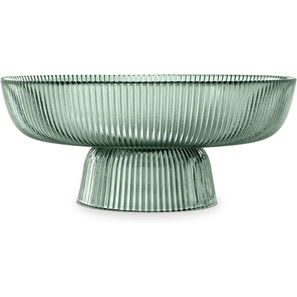(Green) Glass Fruit Bowl - Decorative Fluted Coloured Glass Bowl for Fruit Snacks Sweets - 26cm Diameter Table Centerpiece Dish - Green Tinted Glass