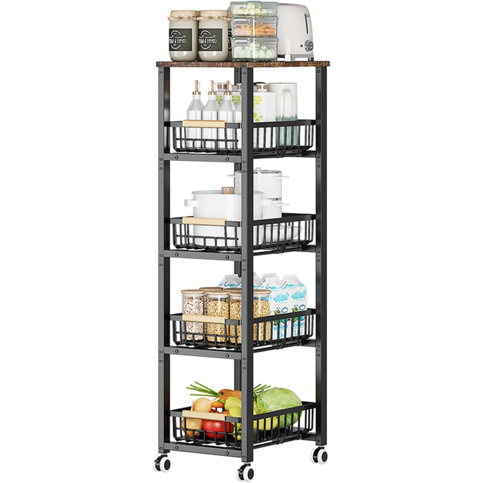 5 Tier Utility Kitchen Storage Cart,Fruit and Vegetable Basket with Pull-Out Baskets and Wooden Tabletop,Rolling Storage Cart with Wheels