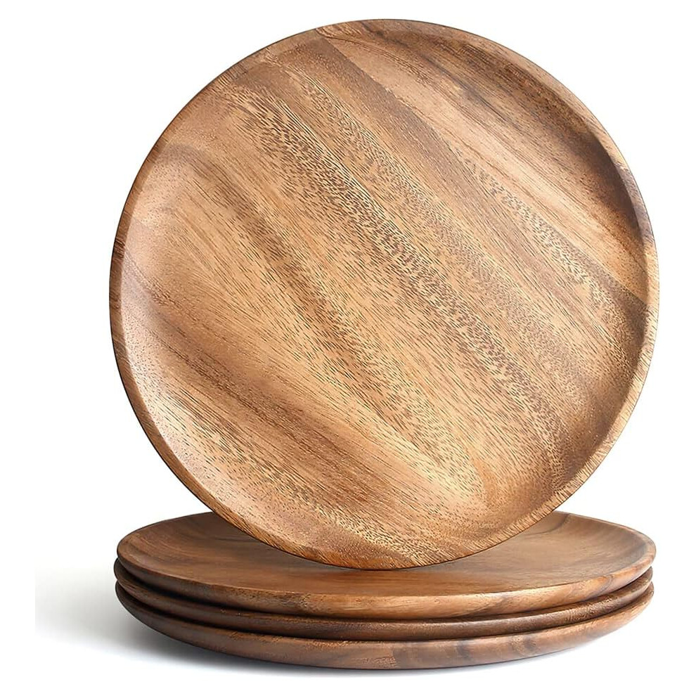 (11Inch/27CM) Acacia Wooden Dinner Plates Set of 4,11 Inch Round Wood Serving Tray Wooden
