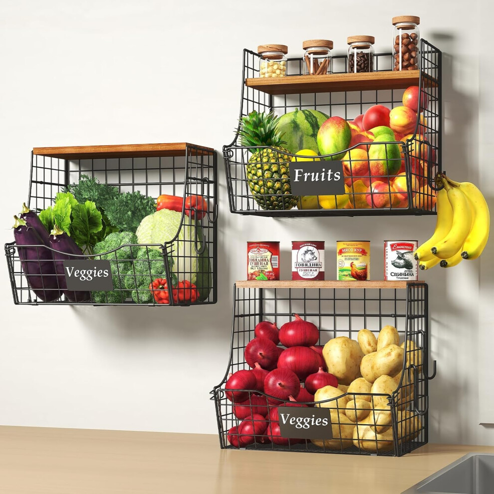 Basket for Kitchen with Wood Lid - Counter&Wall Mounted Onion and Potato Storage with Nameplate, Stackable Storage Basket,