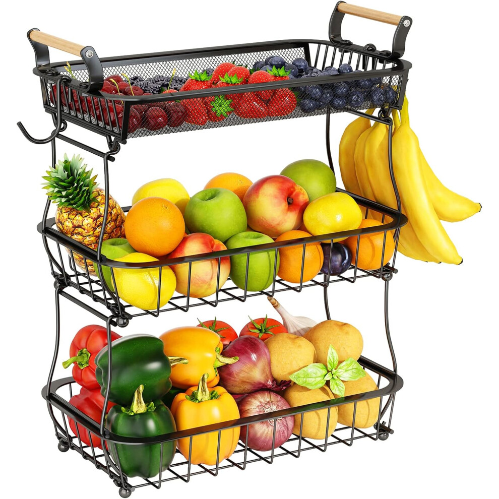 (3 Tier) Fruit Basket, 3 Tier Fruit Bowl with 2 Banana Hanger, Kitchen Countertop Rack