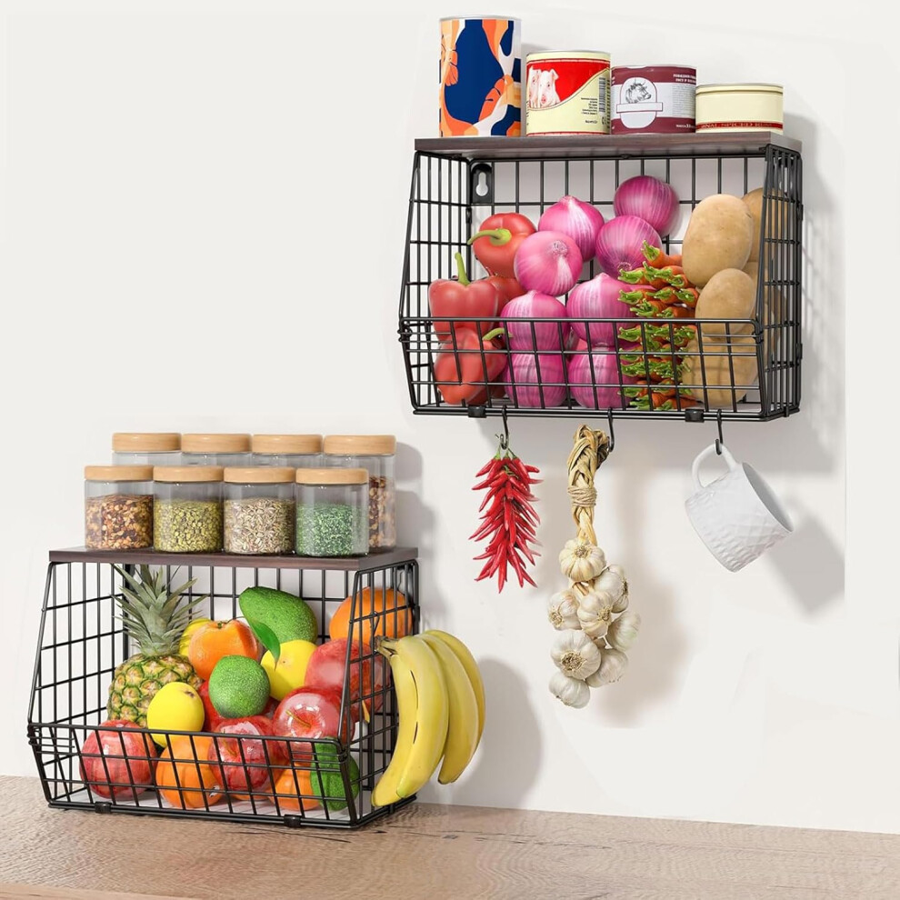 Fruit Baskets for Kitchens, 2 Pack Metal Fruit Bowl Rack with Wood Lid & banana Hanger