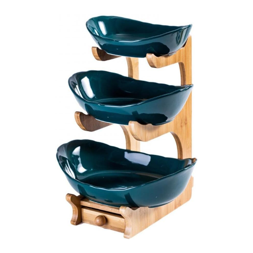(Three Layer Dark Green) Fruit Plate Set Fruit Basket for Kitchen Counter, Ceramic Fruit Bowl,Large Capacity Fruit Bowl Set with Holder, Bamboo Fruit Serving Tray