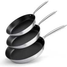 Stainless Steel Nonstick Frying Pan Set, 3 Piece cookware Set, Tri-Ply Skillet, Oven Dishwasher Induction Gas Safe, Silver, Suitable for All Stove
