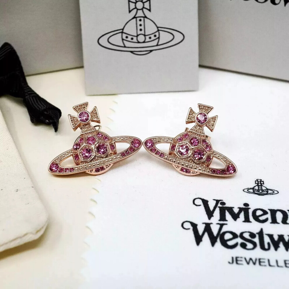 Vivienne Westwood Rose Gold Tone Orb Stud Earrings with Hexagonal Pink Crystal
