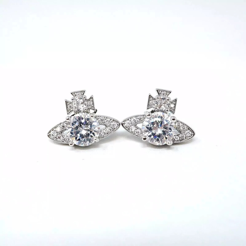 Vivienne Westwood Earrings Large Silver Orb Studs White Crystals Gift Box Set