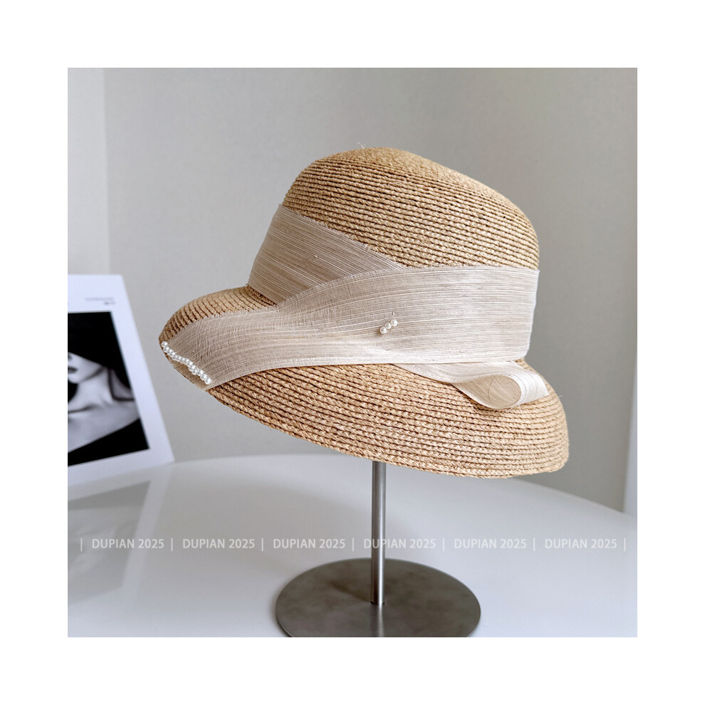 (2, M 56-58cm) Original design pearl silk hemp flat hat women's summer sun protection laffia grass braided straw hat girl holiday beach hat-image-OPC-PGGGHNV-NEW