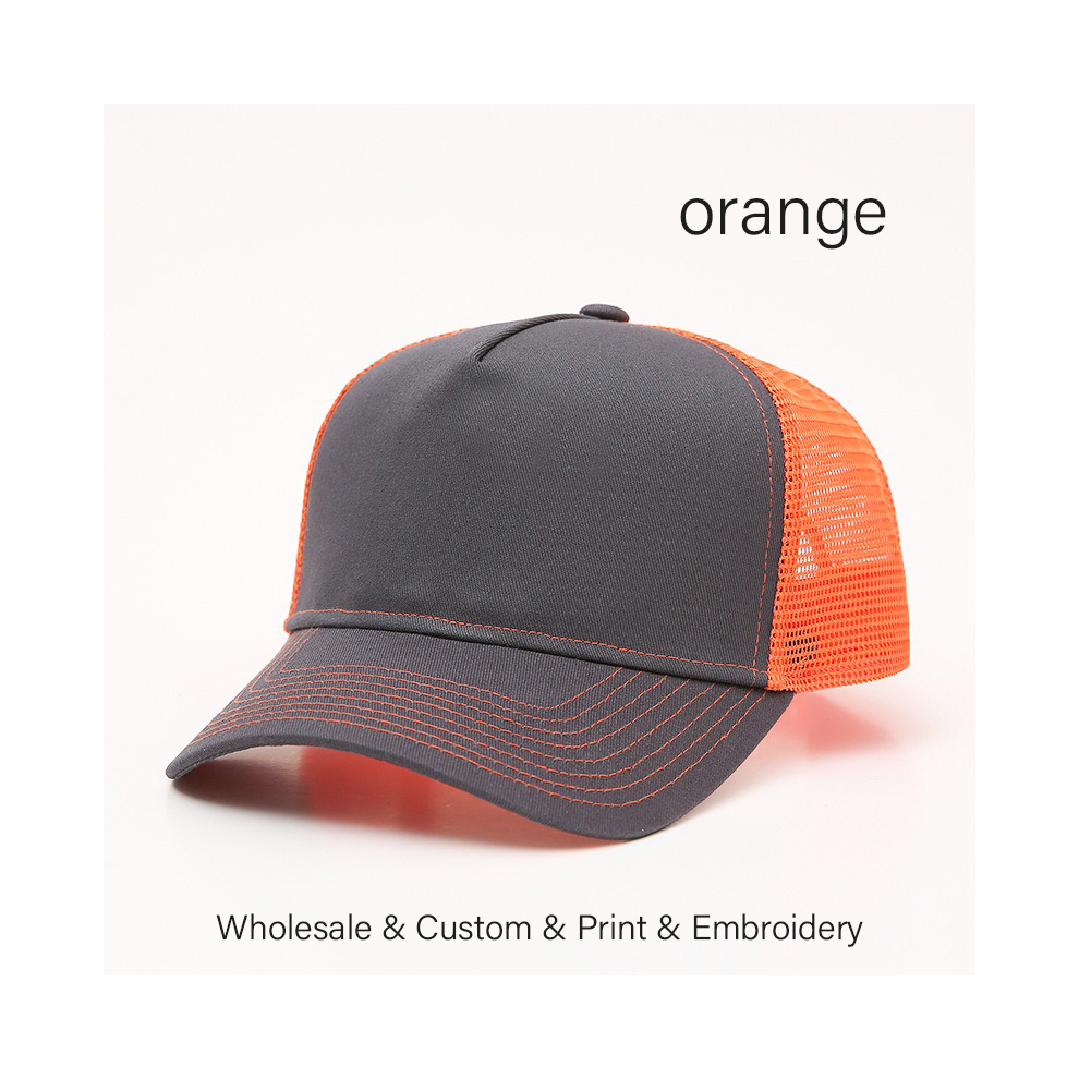 (orange, Embroidery-Buy 4-10Pcs) 5-Panel Mesh Trucker Hat Unisex Cotton Baseball Cap with DIY Design Space for Logo Embroidery-image-OPC-PGGGK9N-NEW