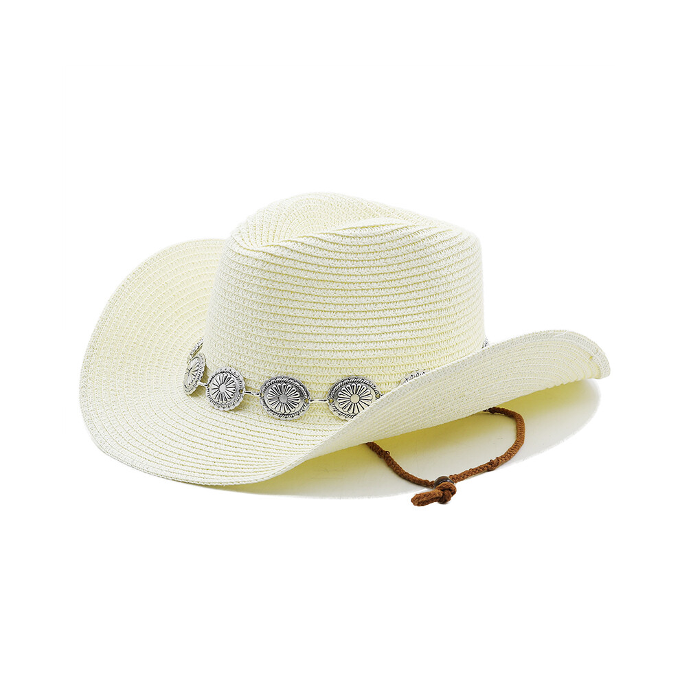 (Milk white, 56-58CM) New Summer Men Women Straw Hollow Western Cowboy Hat Elegant Lady Punk Brand Sombrero Hombre Cowgirl Outdoor Jazz Beach Sun hat-image-OPC-PGGGKQW-NEW