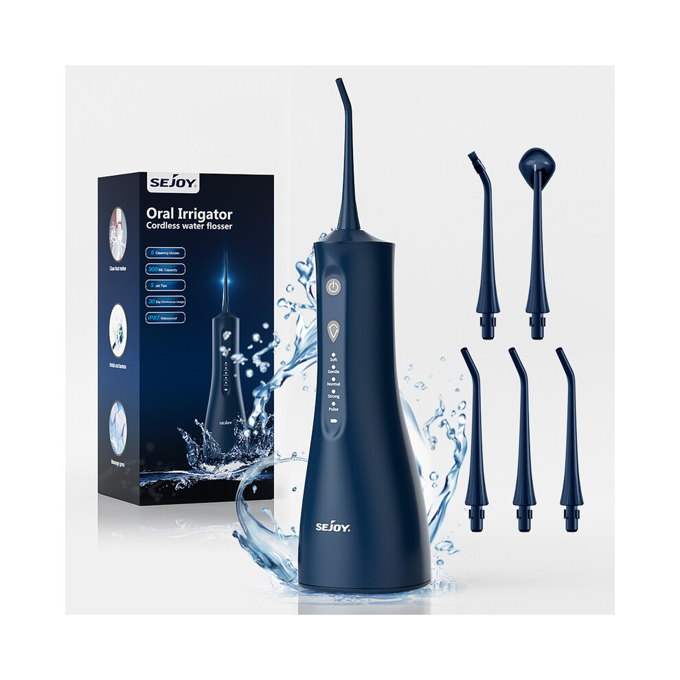 Blue (Blue) Sejoy Water Dental Flosser Portable Dental Oral Irrigator With 5 Modes 5 Jet Tips Rechargeable Waterproof Teeth Cleaner