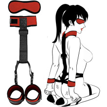 (Red) BDSM Bondage Set Restraints Sex Toy Extreme Sex with Handcuffs and Eye Mask for Couples Collars for Women Sexy Necklace Collar with Wrist Cuffs