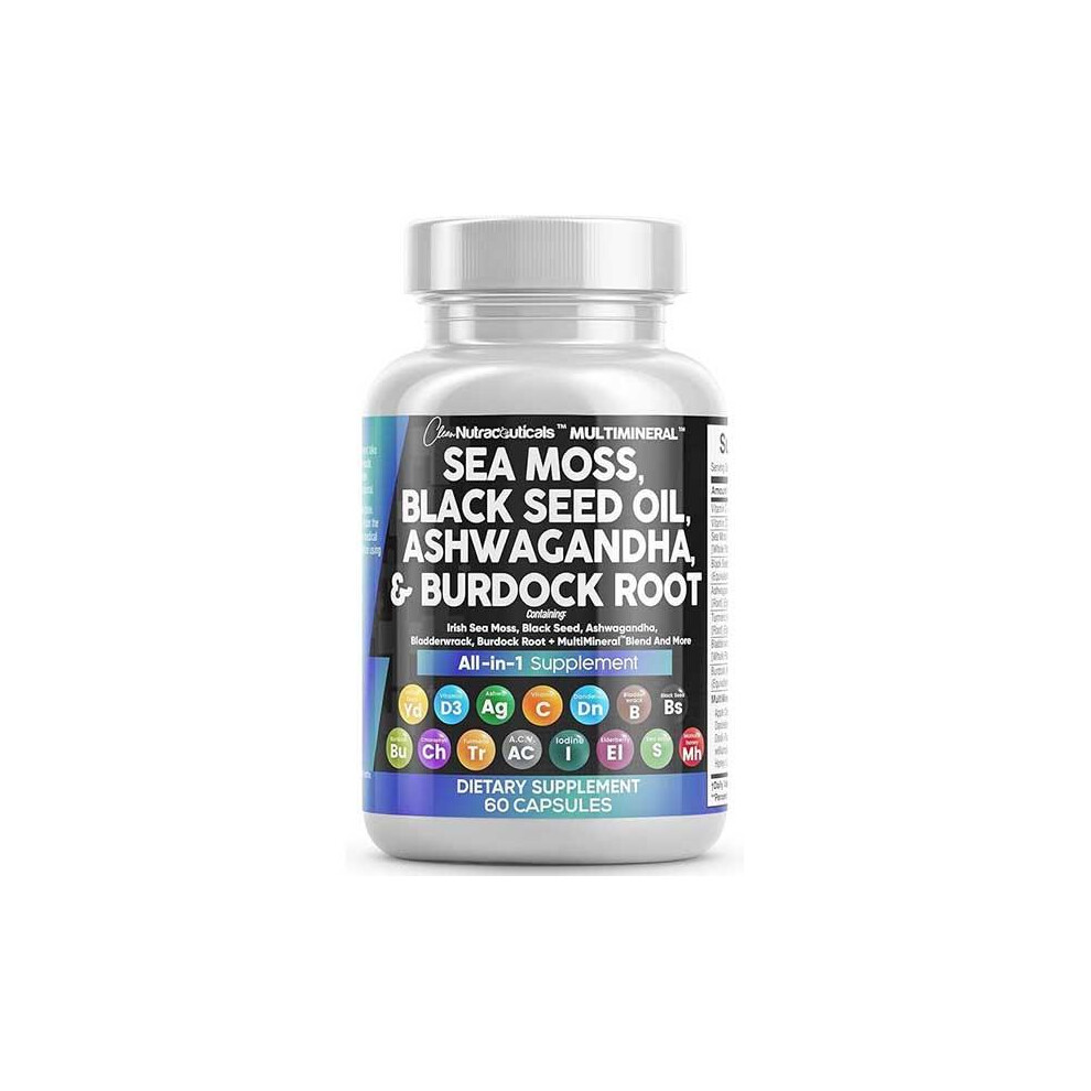 MultiMineral Sea Moss Black Seed Oil Ashwagandha Turmeric Bladderwrack Burdock Vitamin C Vitamin D3 with Elderberry Manuka Dietary Supplement Pills
