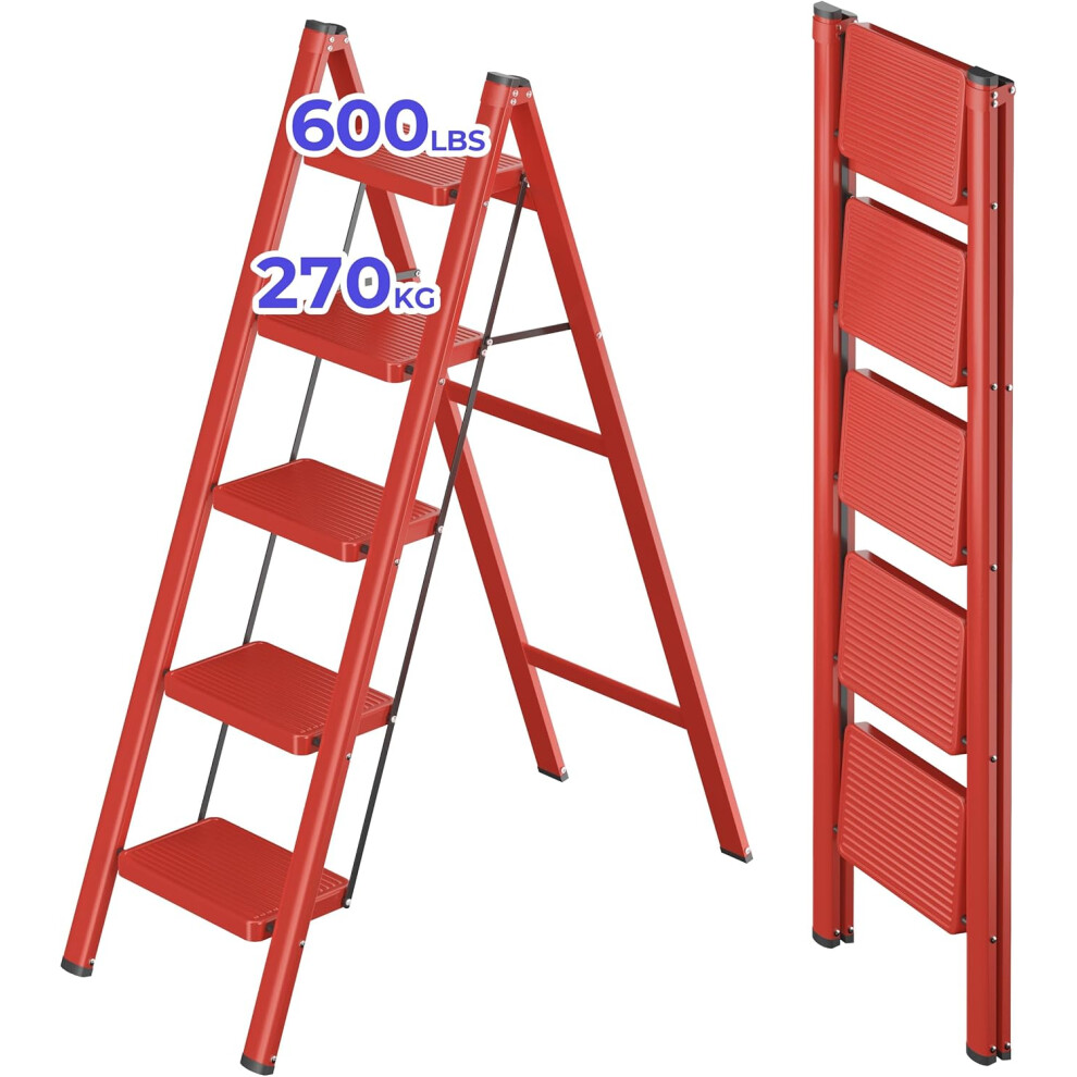 (5 Steps, Red) Step Ladder 270 KG Load Capacity Folding Step With Anti Slip Wide Treads, Lightweight Folding Ladder, Portable Foldable Stool, Multifunctional