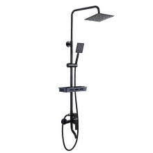 (As show, One size) Shower System, Shelf, Stainless Steel, Square Head, Round Rail, Black
