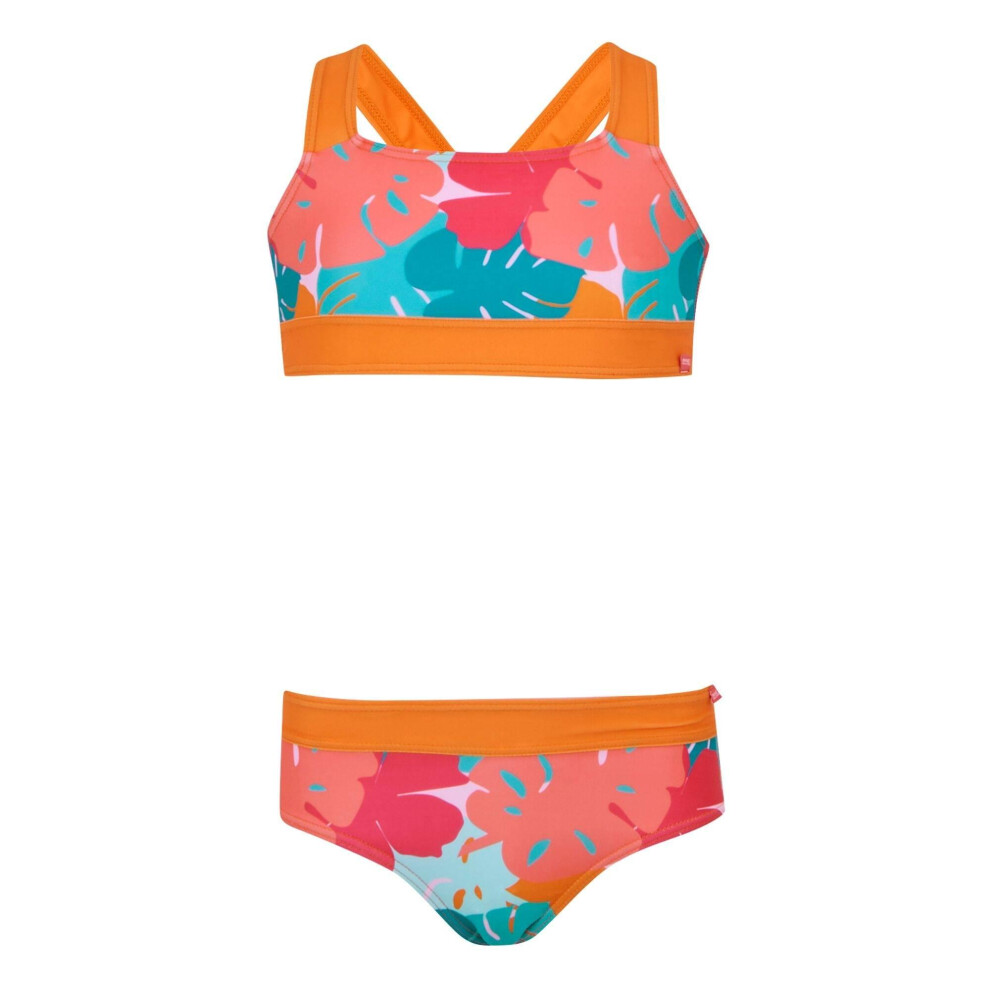 (13 Years, Orange/Blue/Pink) Regatta Girls Dakaria III Tropical Leaves Bikini Set