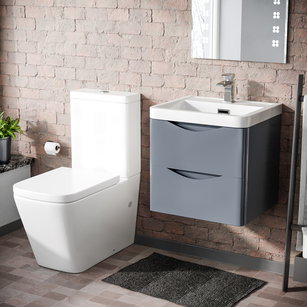 Nes Home Grey 500mm Wall Hung Vanity Basin Unit & Close Coupled Toilet