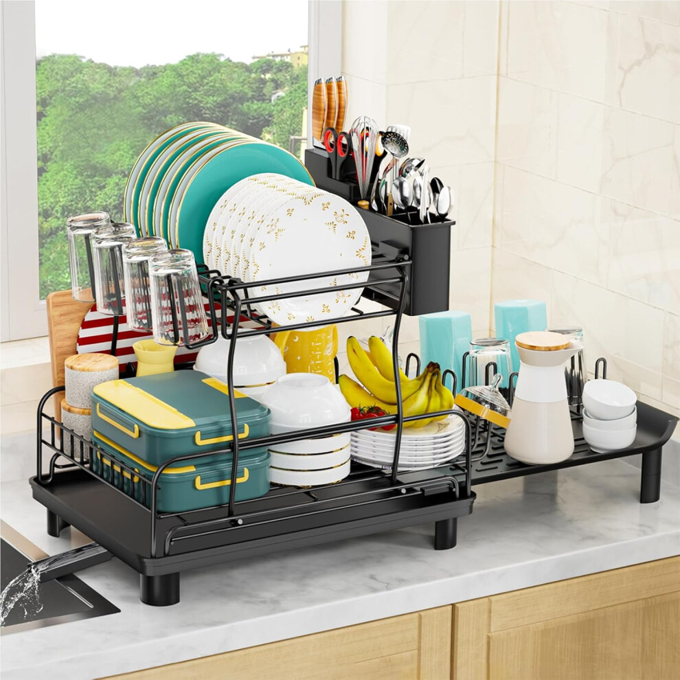 Dish Drainer Rack with Expandable Drip Tray, 2 Tier Dish Drying Rack with Utensil Holder