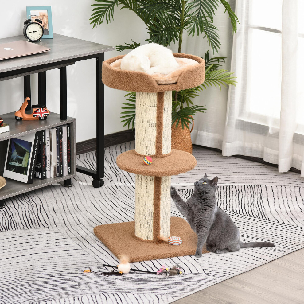 PawHut 2-Tier Cat Kitten Resting Tree w/ Top Basket Cushion Sisal Post Brown