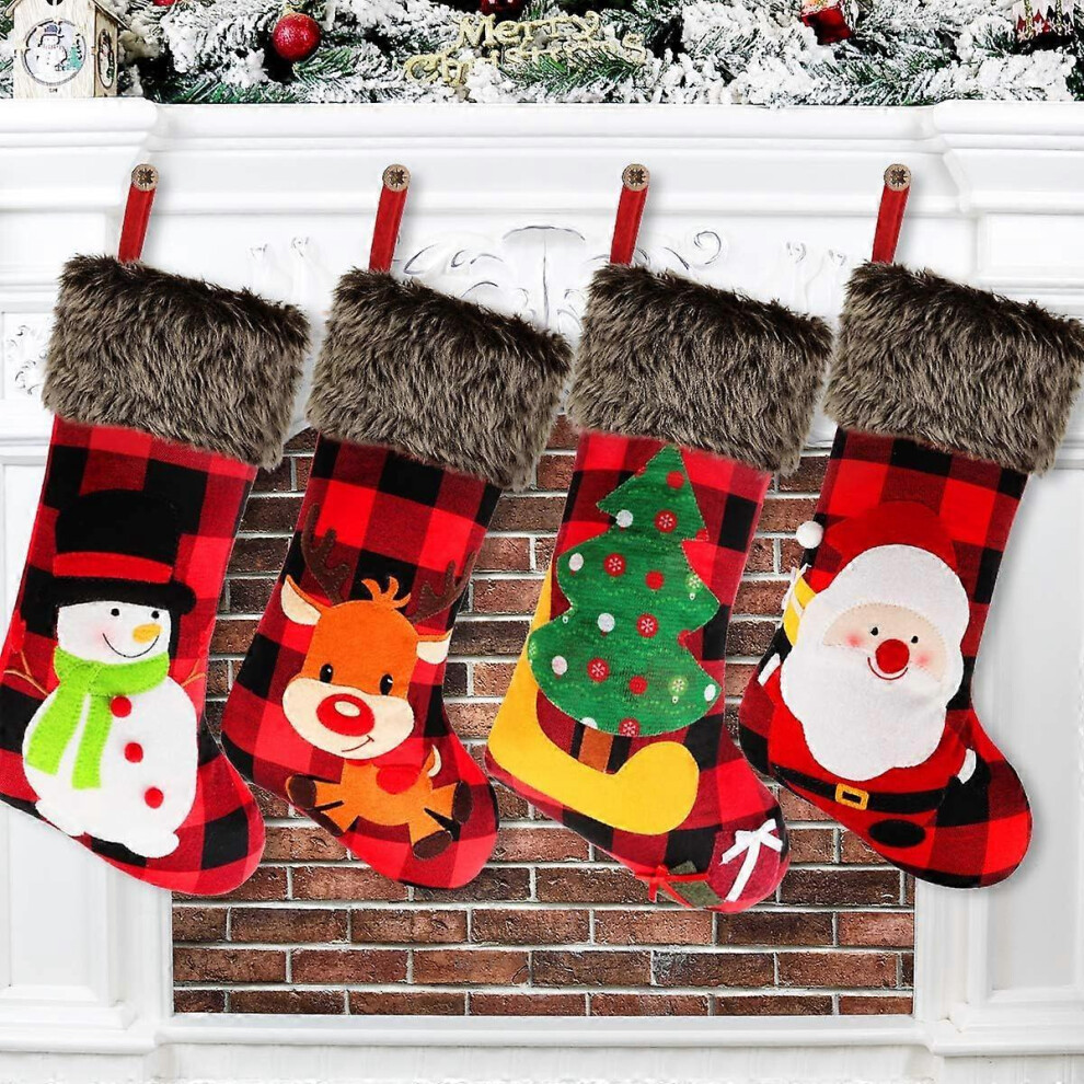 (As show, One size) 4 Pack 18&quot; Plaid Christmas Stockings, Burlap Santa, Snowman, Reindeer, and Tree Design with Faux Fur Cuffs-image-OPC-PGGKB7M-NEW