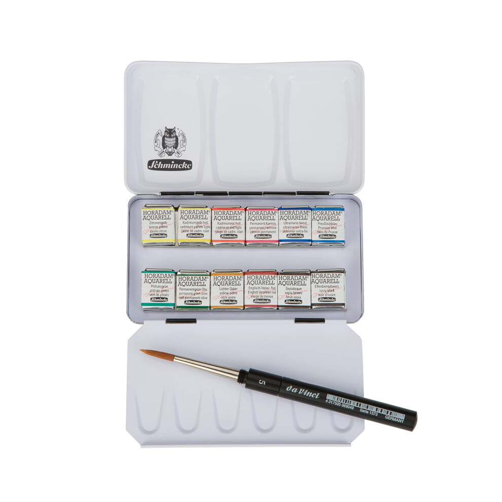 Schmincke - HORADAM AQUARELL Coffret de couleurs compact avec 12 couleurs aquarelles les plus fines, 1 pinceau Davinci 74 012 097 Coffret de peinture