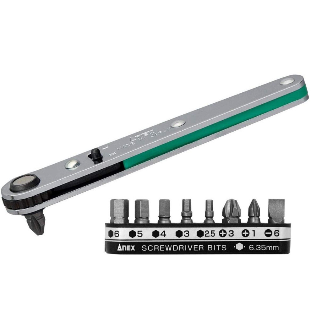 Anex Ultra Low Profile Offset Ratcheting Screwdriver And Hex Wrench 90 Degree For Tight Area (Magnetic 9 Bits Set) Straight Flathead, Green 4962485204235