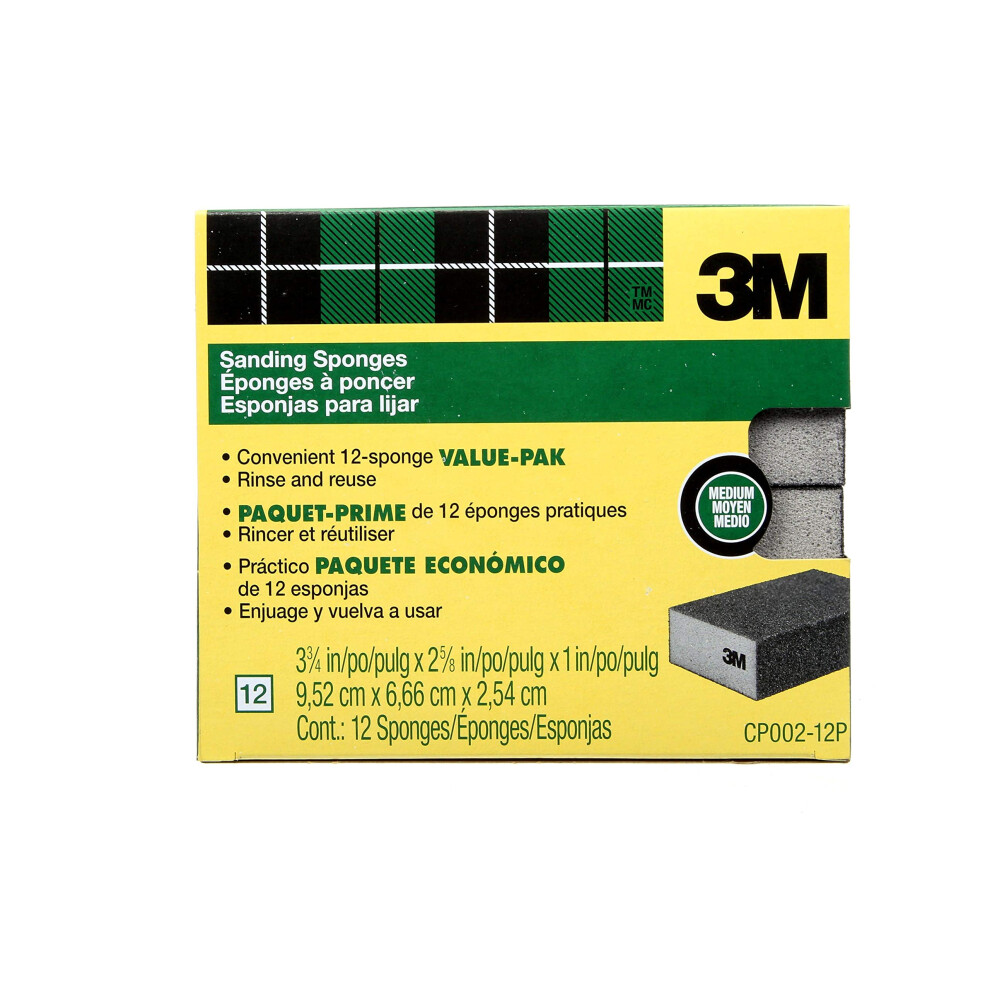 3M Sanding Sponge  3 3/4 in x 2 5/8 in  Medium  12-Pack