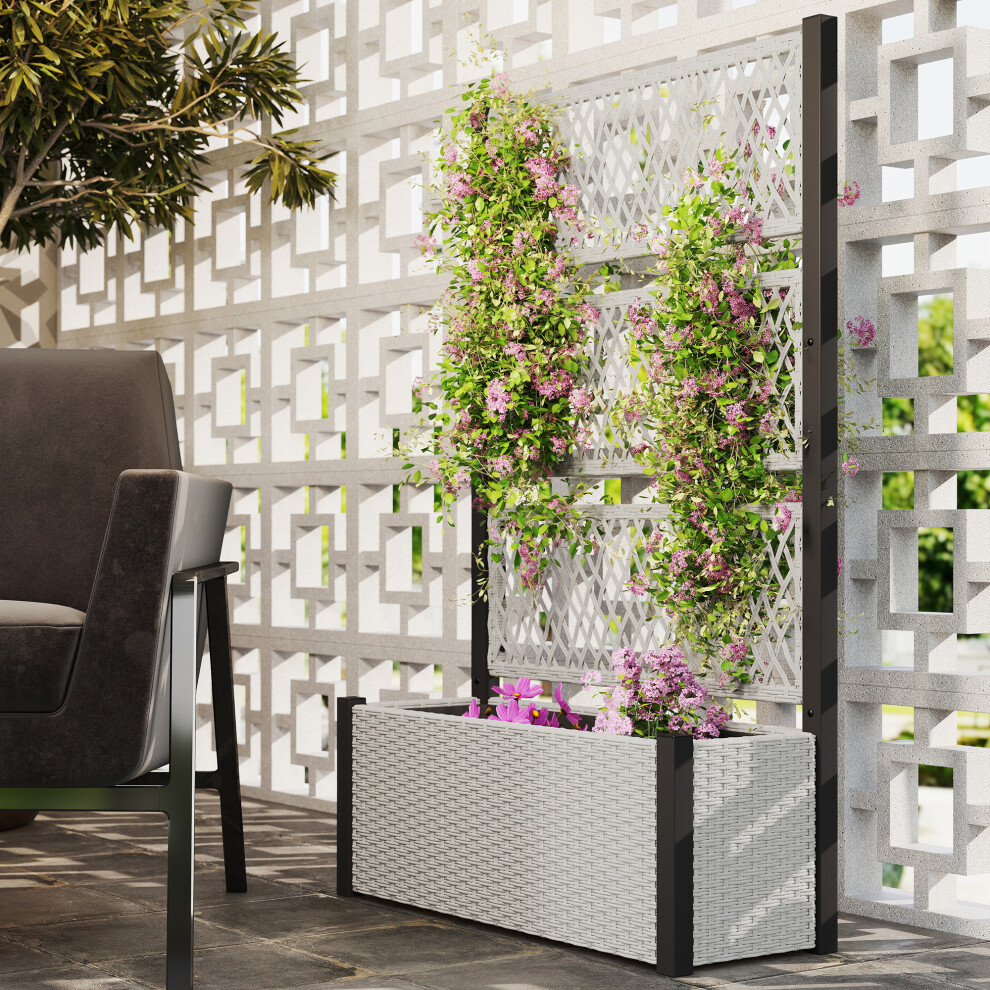 Outsunny Garden Planter Box with Trellis, Rattan Raised Bed, Mixed-grey