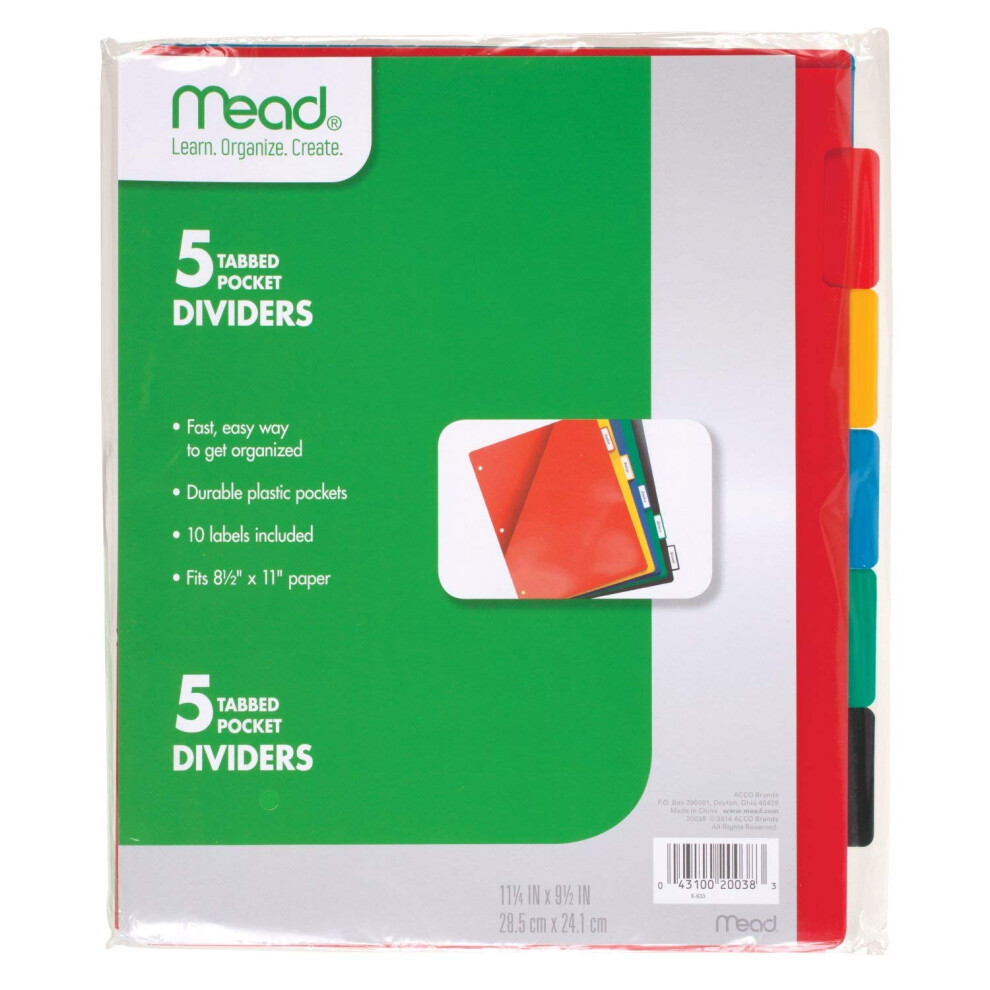 Mead Tab Dividers with Pocket 3 Hole Punch Fits 3 Ring Binder Assorted Colors 5 Pack 20038