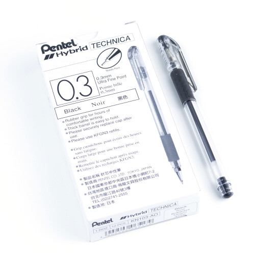 Pentel Pentel Arts Hybrid Technica 0.3 mm Στυλό, Πολύ λεπτή μύτη, Μαύρο μελάνι, Συσκευασία 12 (KN103-A)