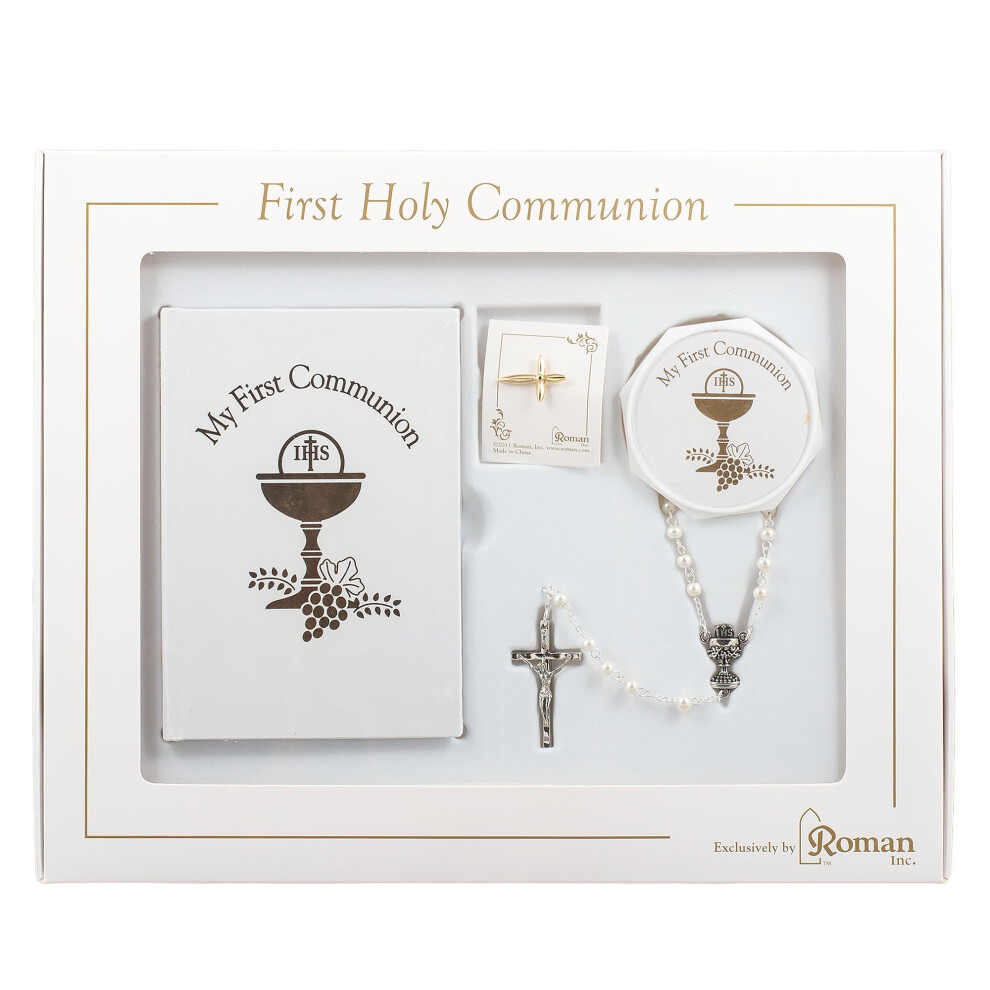 Coffret de communion blanc et dor    5 pi   ces, bo   te     chapelet, livre        pingles, scapulaire