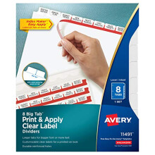 Avery 8 Big Tab Binder Dividers  Easy Print & Apply Clear Label Strip  Index Maker  White Tabs  1 Set (11491)