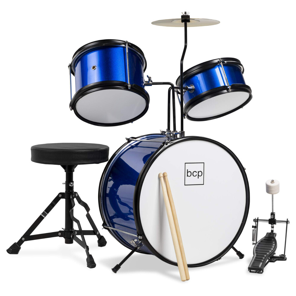 Best Choice Products Kids Drum Set 3-Piece Beginner Drum Set Junior Drum Set w/ Throne Stool Cymbal Drum Sticks Bass Drum Pedal 2 Toms - Blue
