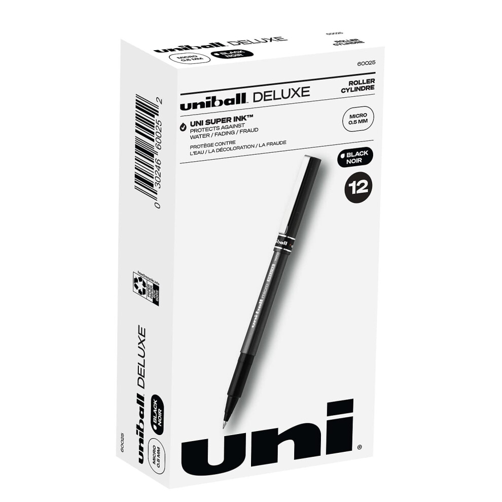 uni-ball 60025 Deluxe Stick Roller Ball Pen  Micro 0.5mm  Black Ink  Metallic Gray Barrel  Dozen