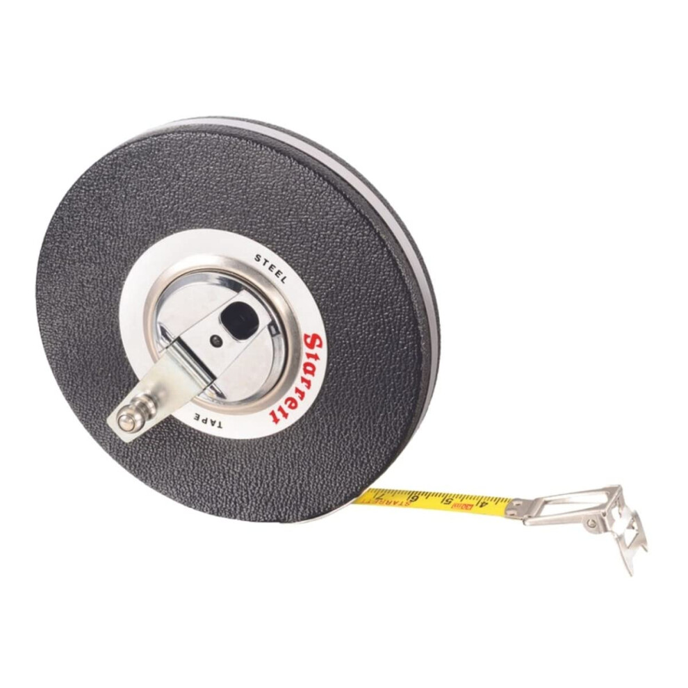Starrett Closed Reel Long Line Tape with Nylon Rollers  Rewind Mechanism  and Folding Hook Ring - 30m Length  3/8 Width  1mm Graduations  L8 Graduatio