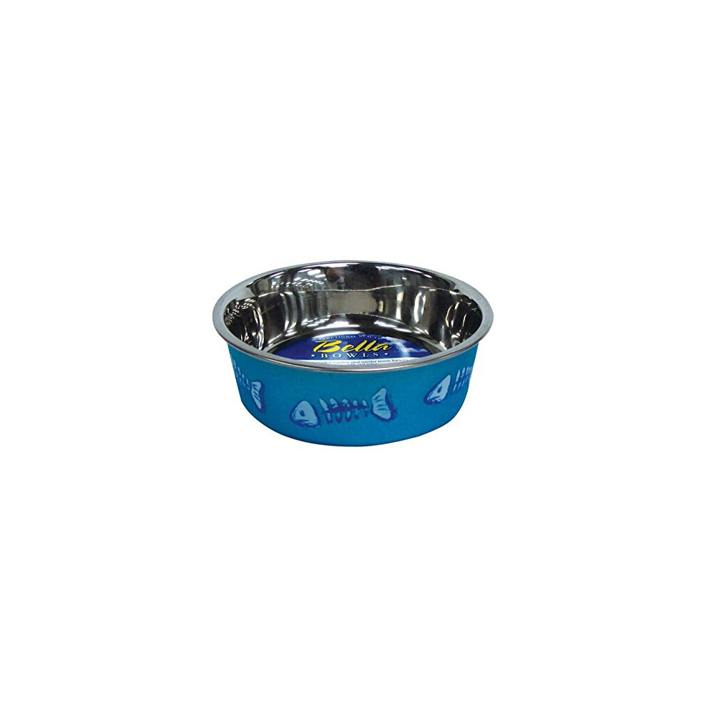 Gamelle pour chat Bella Blue Fish Bones en acier inoxydable (1 tasse)