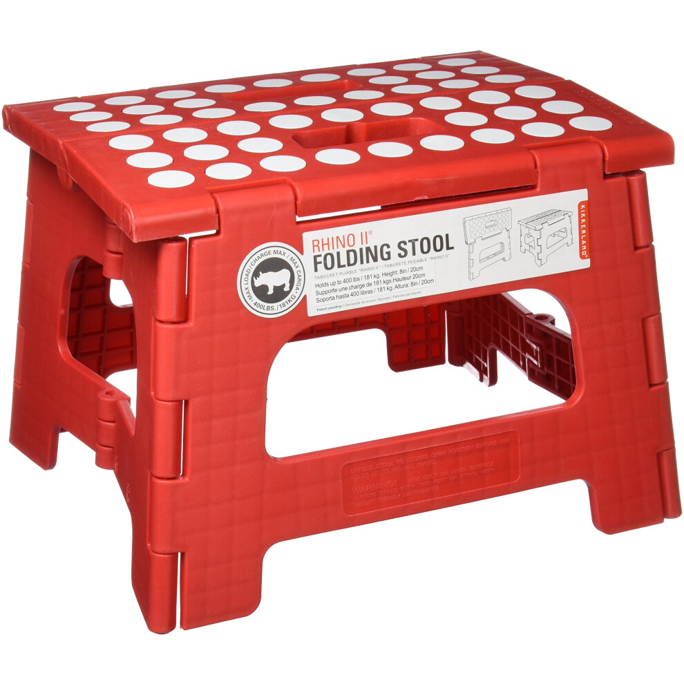 Kikkerland Foldable Sturdy Non- Slip Compact Lightweight Plastic Rhino II Step Stool, Red, Holds up to 300 lbs, for Kitchen, Bathroom