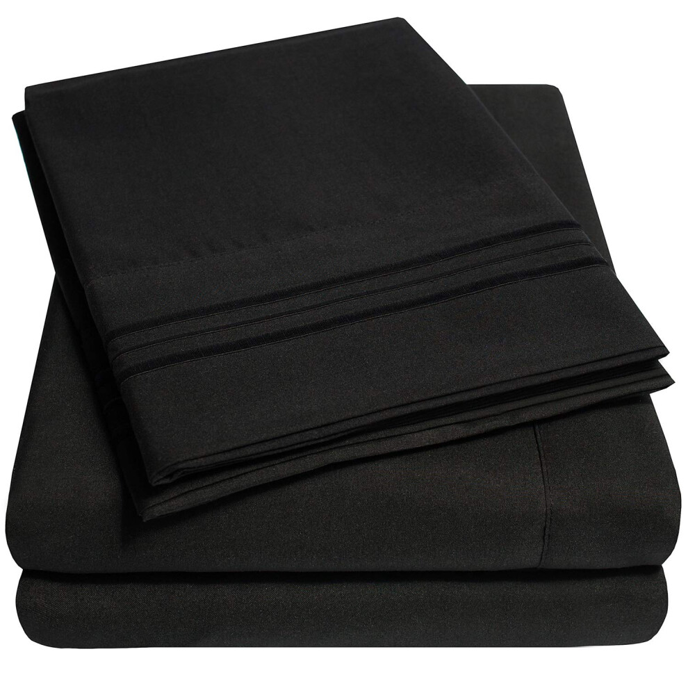 Parure De Lit 3 Pi Ces Noire Pour Matelas Simple, Collection Supreme 1500. Draps Et Taies D'oreiller. Sangles D'angle Lastiques Extra Douces. Dr-image