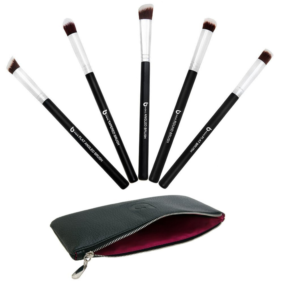 Beauty Junkees Mini Kabuki Makeup Brush Set - 5Pc Professional Eyeshadow Make Up Brushes With Case; Blending Concealer Contour Highlighter