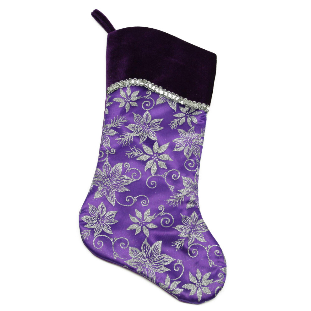 Chaussette de No   l Northlight 20""     fleurs scintillantes violettes et argent   es avec revers en velours ombr