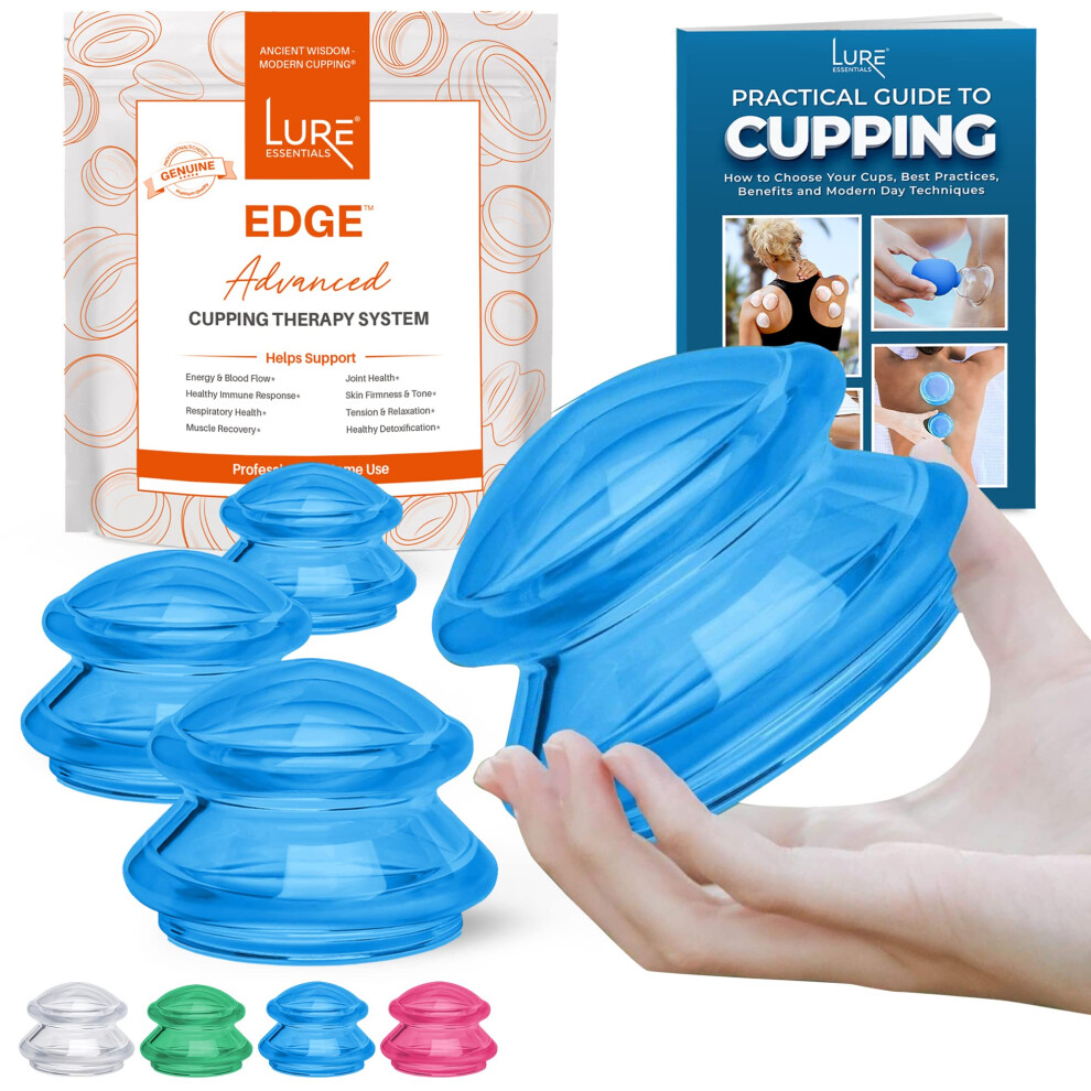 Lure Essentials Blue Edge Cupping Set - Ultra Clear Silicone Cupping Therapy Set For Cellulite Reduction And Myofascial Release - Massage Therapists A