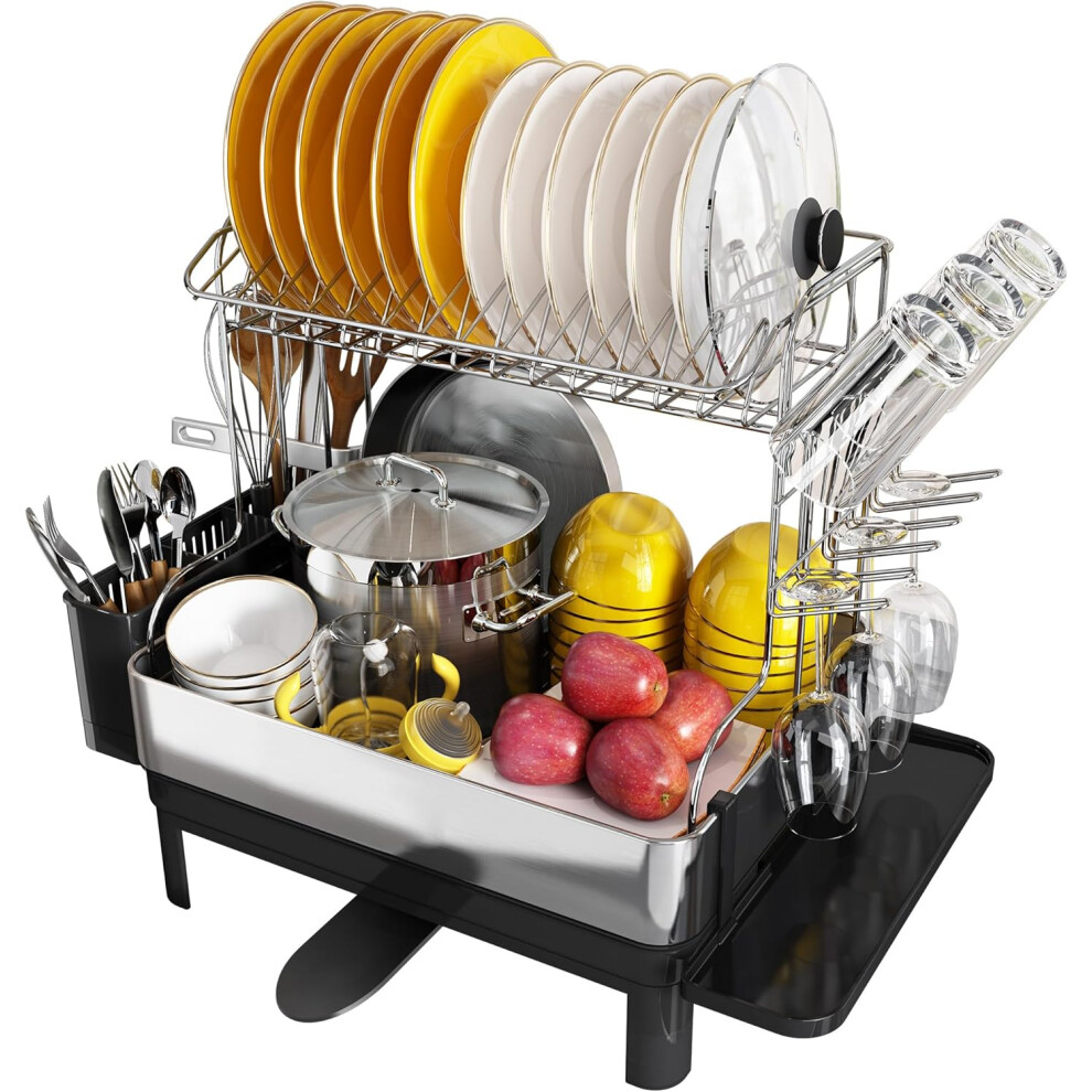 (Two Tier for 5-6 People) 304 Stainless Steel Large Dish Drainer Rack with Swivel Spout, Draining Board Rack for Kitchen Sink with Utensil Holder