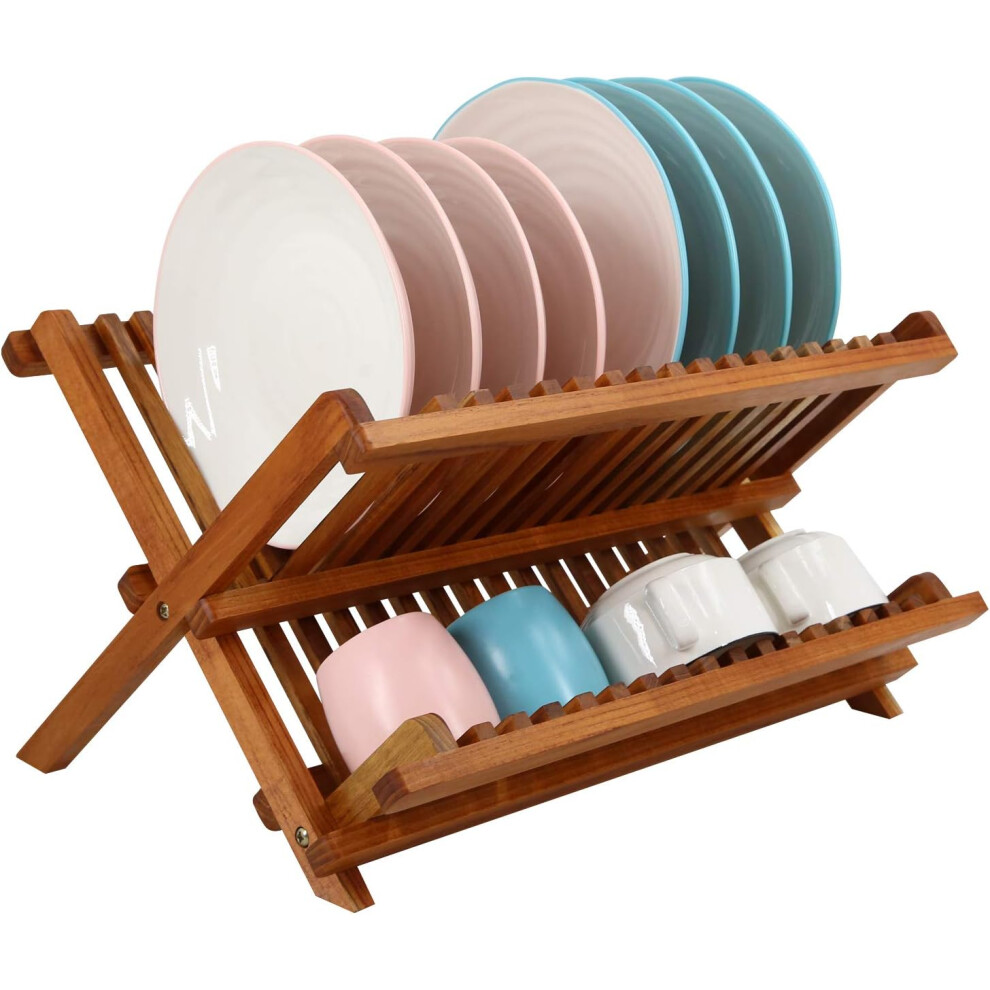 Teak Dish Rack Stand Drainer, Collapsible 2 Tier Dish Drying Rack with Cup Holder