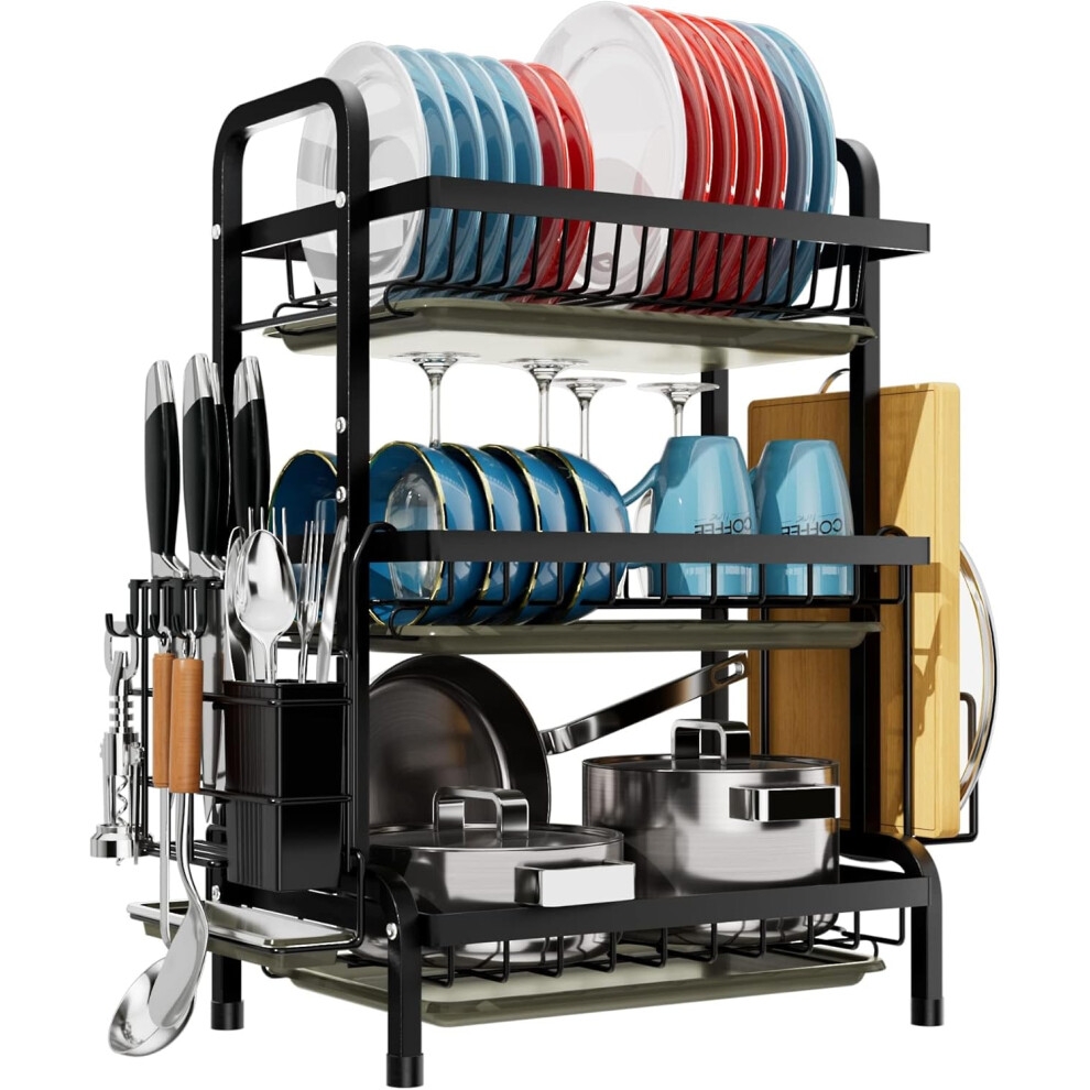 (3 tier, Black) Dish Drainers Rack with Drip Tray, 3 Tier Large Dish Drying Rack with Draining Board and Cutlery /Chopping Board Holder over Sink