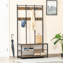 HOMCOM 3-in-1 Entryway Hall Tree: Coat Rack with 12 Hooks, Shoe Bench & 3-Tier Shelf, Industrial Rustic Brown/Black Steel