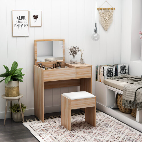 Homcom HOMCOM Dressing Table Set Cushioned Stool Flip-up Mirror Drawer Chipboard Wood