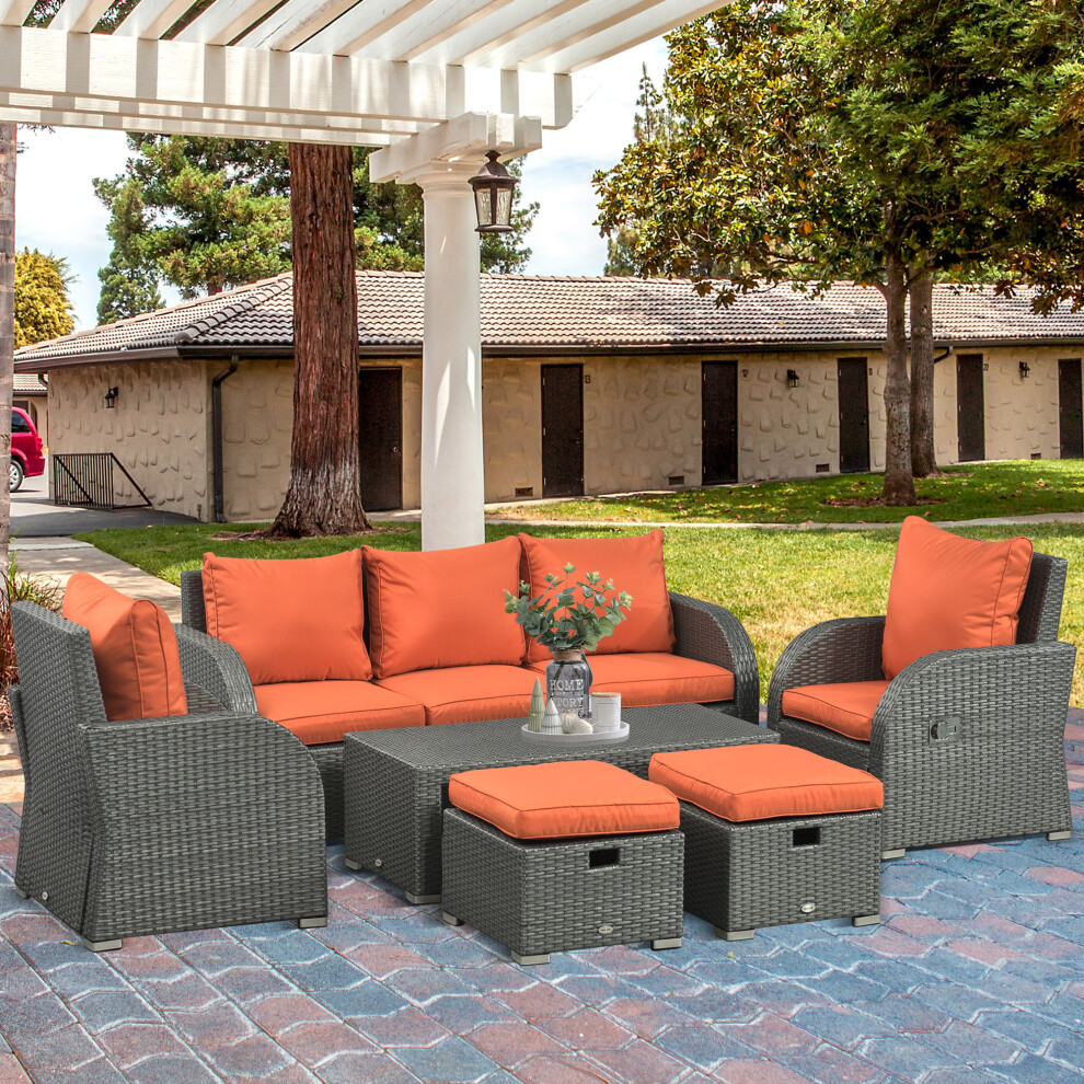 Outsunny 6Pc Padded Outdoor Rattan Wicker 3-Seat Sofa Recliner Footstool Table